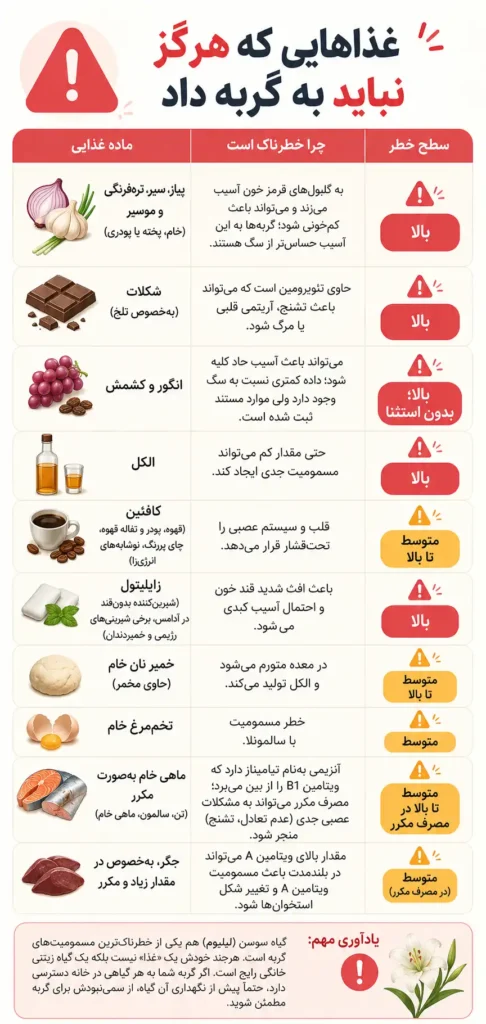 اینفوگرافی جدول غذاهای ممنوعه برای گربه - کلینیک دامپزشکی آوانو